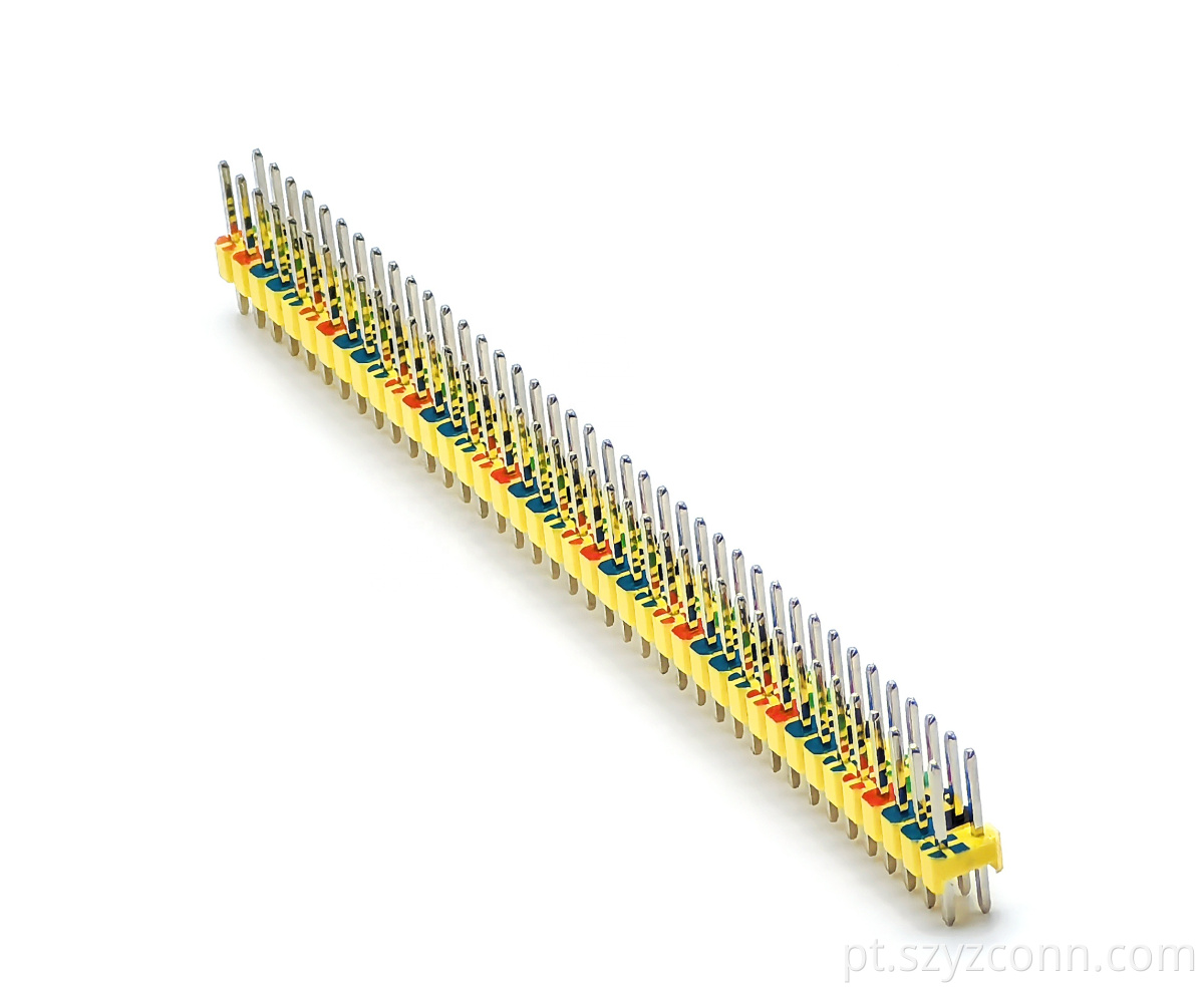 Conector de cabeçote de pino colorido passo de 2,54 mm fileira dupla reta SQ0,64 mm H: 2,5 mm 2*40P 2.54mm Pitch Colored Pin Header Connector Dual Row Straight SQ0.64mm H:2.5mm 2*40P